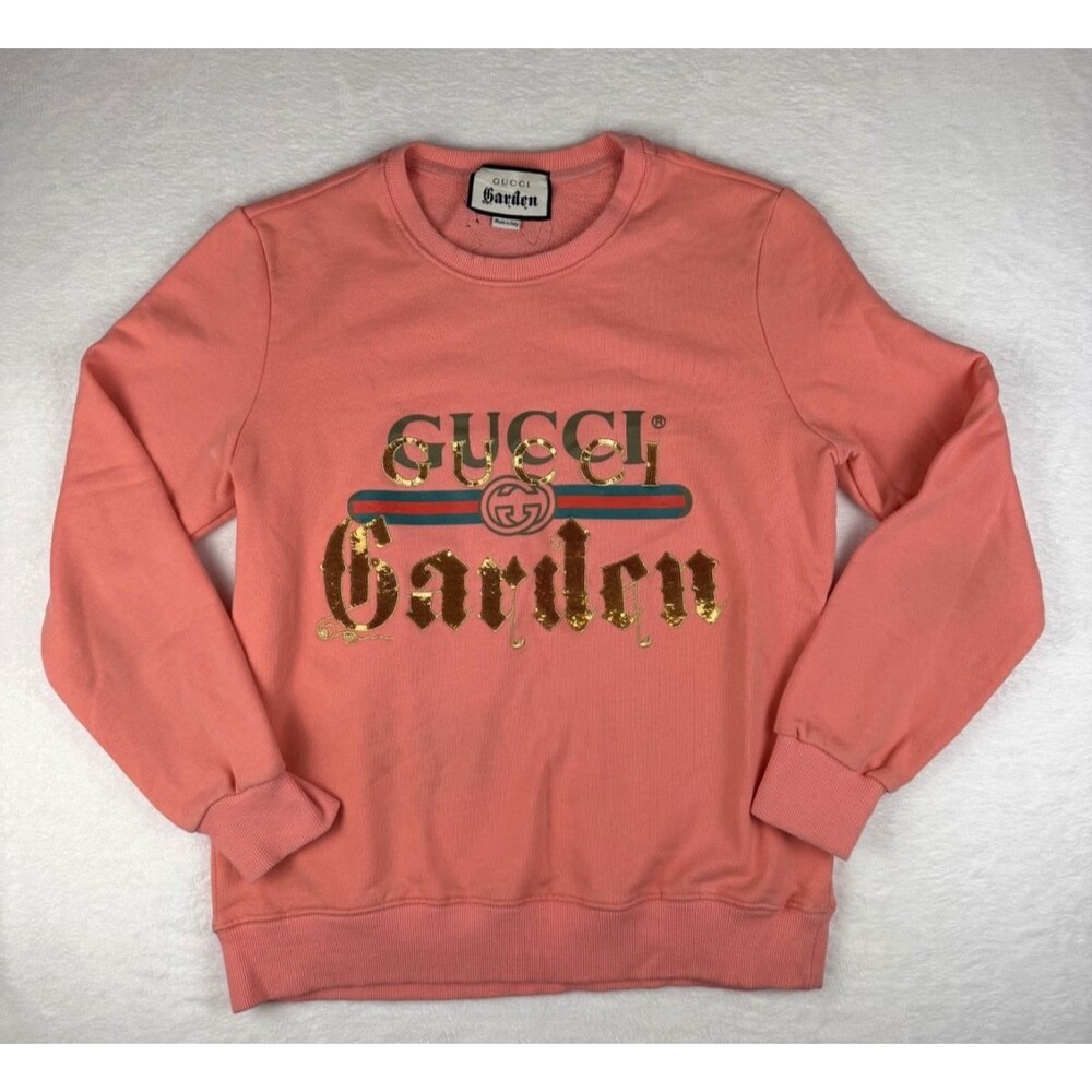 Gucci Garden Womens Large Pink Sweatshirt Sequin Logo Crewneck Made Italy